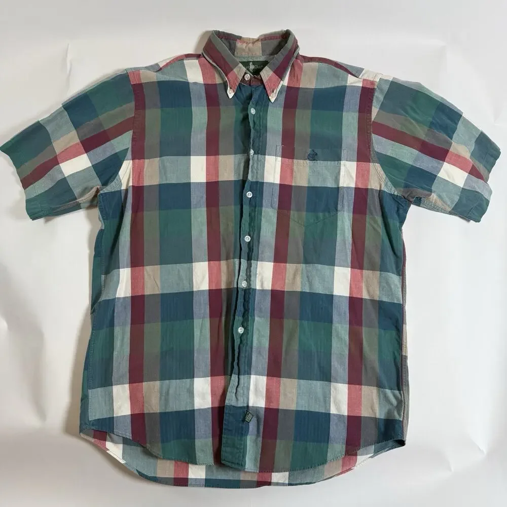 Hunt Club Men's Multicolor Plaid Woven Cotton Button-Up Shirt‎ Short Sleeve L